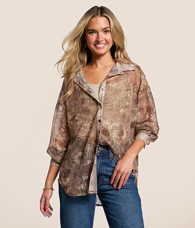 Daytrip Foiled Floral Mesh Blouse front view
