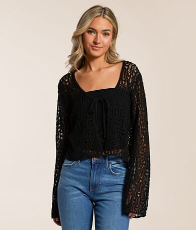 Beivy Front Tie Cropped Cardigan Sweater front view