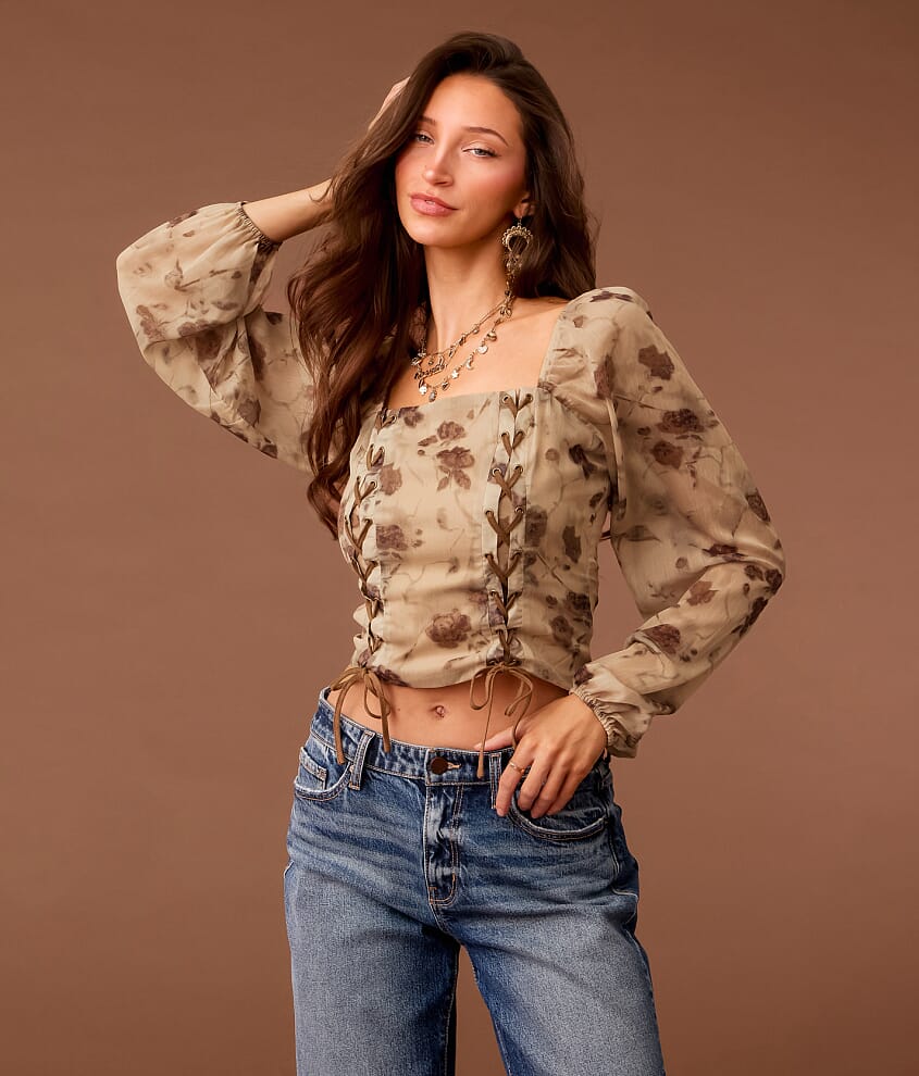 Lace-Up Chiffon Cropped Top