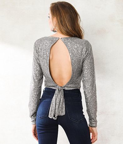 Privy Sequin Mesh Open Back Cropped Top BACK