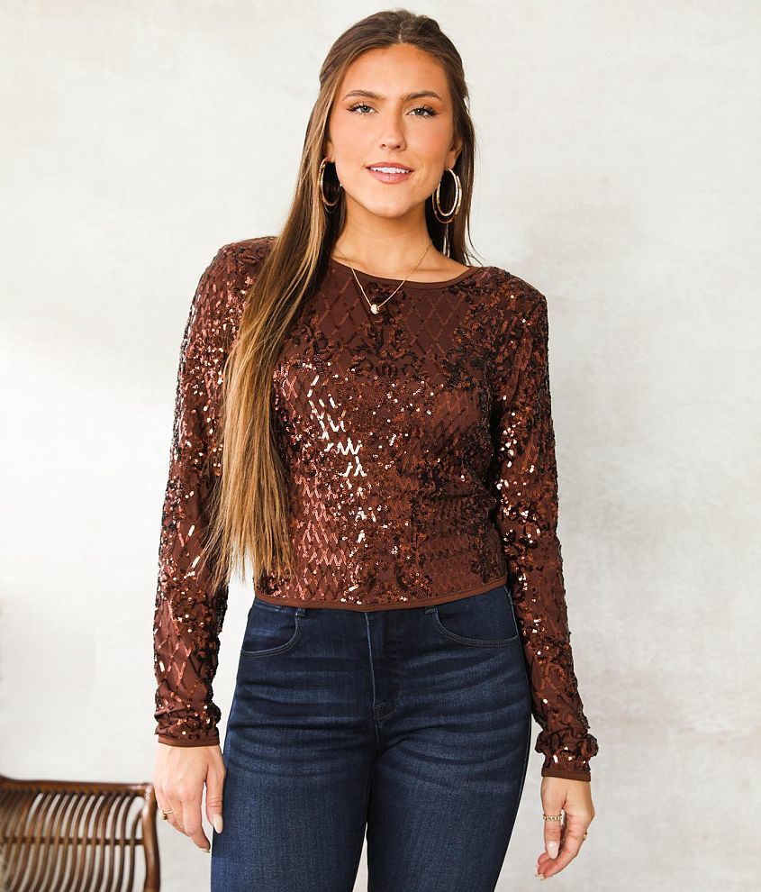 Privy Sequin Mesh Top - Women's Shirts/Blouses in Burgundy | Buckle