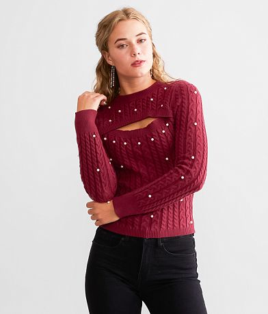red by BKE Cut-Out Faux Pearl Sweater front view