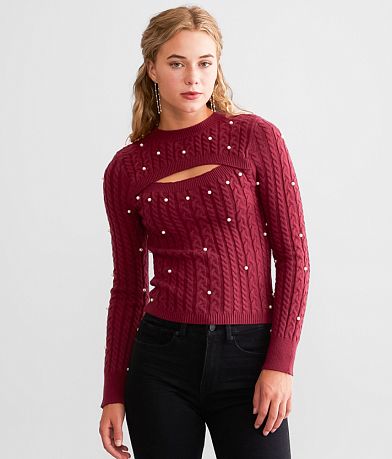 red by BKE Cut-Out Faux Pearl Sweater FULL_LEFT_SIDE
