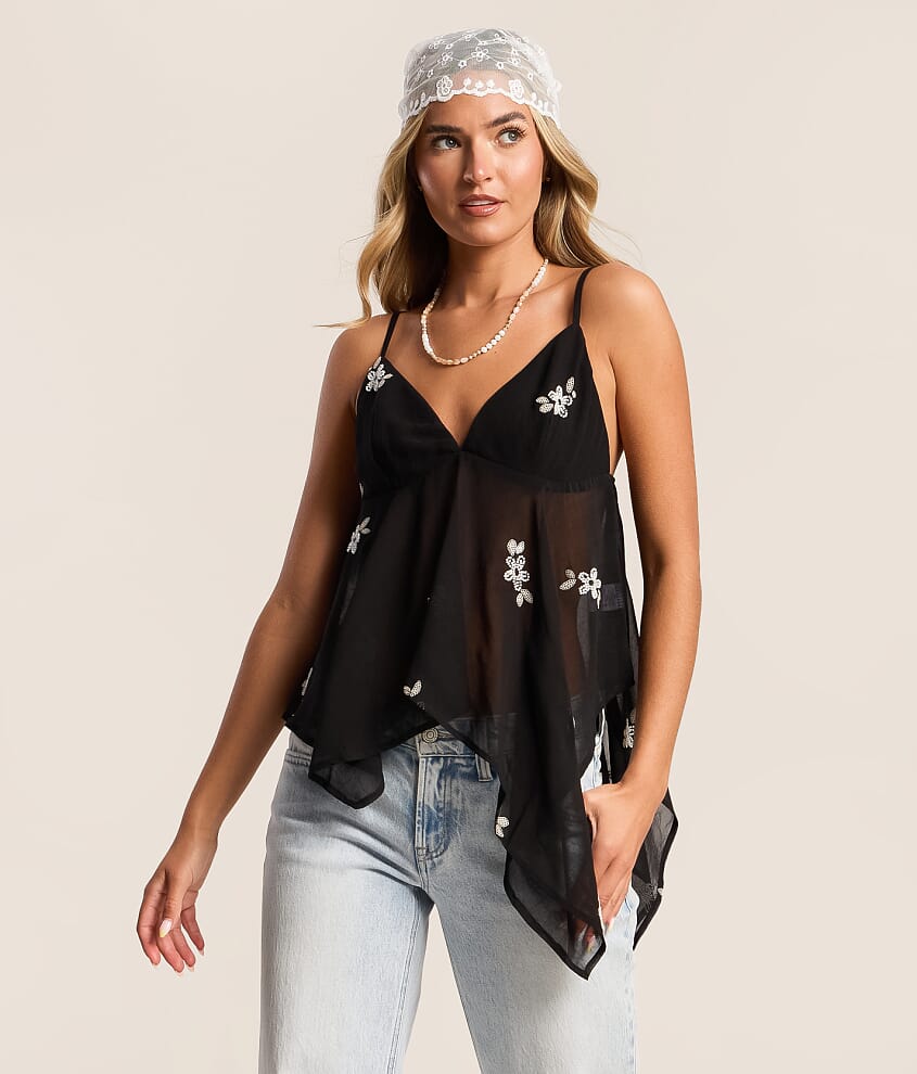 Beaded Floral Asymmetrical Tank Top