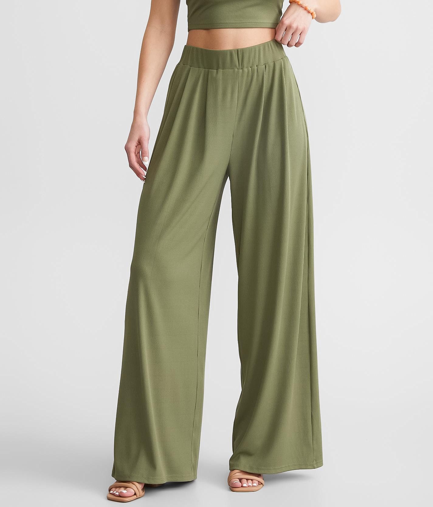 Privy Ribbed Wide Leg Pant - Women's Pants in Deep Lichen Green