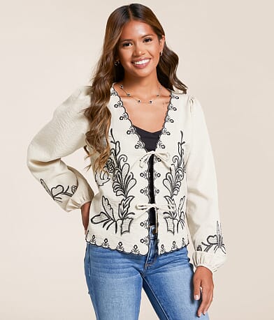 Willow & Root Embroidered Front Tie Top front view