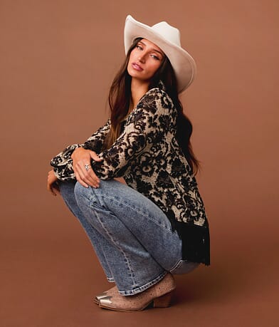 Sterling & Stitch Floral Mesh Fringe Top front view