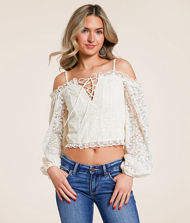 Willow & Root Cold Shoulder Floral Lace Cropped Top front view