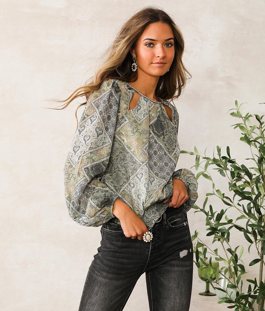 Willow & Root Floral Chiffon Top - Women's Shirts/Blouses in Blue Grey