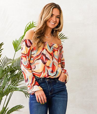 Willow & Root Mesh Off The Shoulder Cropped Top front view