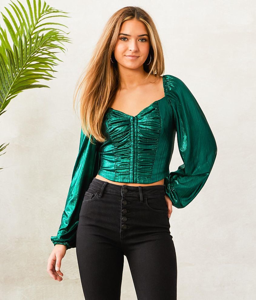 Privy Metallic Ruched Sweetheart Top - Women's Shirts/Blouses in Emerald  Green