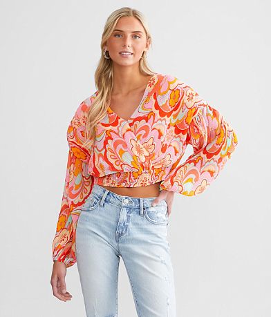 Privy Pleated Surplice Retro Floral Cropped Top front view