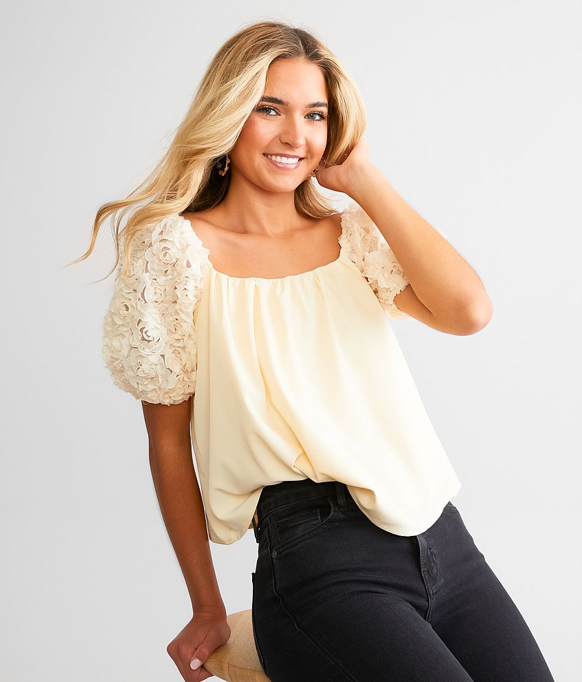 Willow & Root Rosette Puff Sleeve Top - Women's Shirts/Blouses in Cream