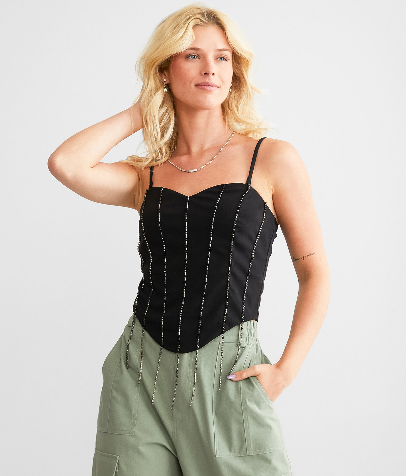 Giovacker Women's Rhinestone Fringe Crop Top – Ribbed Knit, Strapless Tube Top – Black, Clubwear & Party Top - View #11