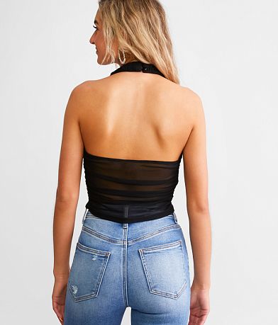 Willow &amp; Root Shirred Mesh Cropped Halter Tank Top back view