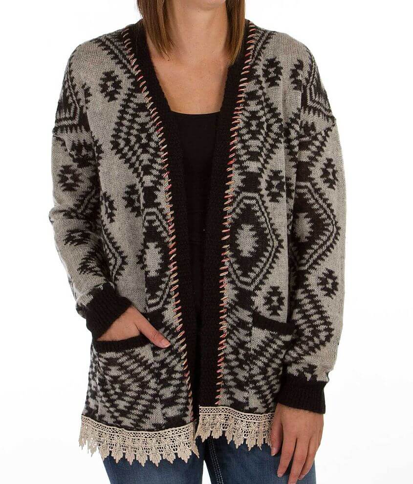 Gimmicks by BKE Lace Trim Cardigan Sweater front view