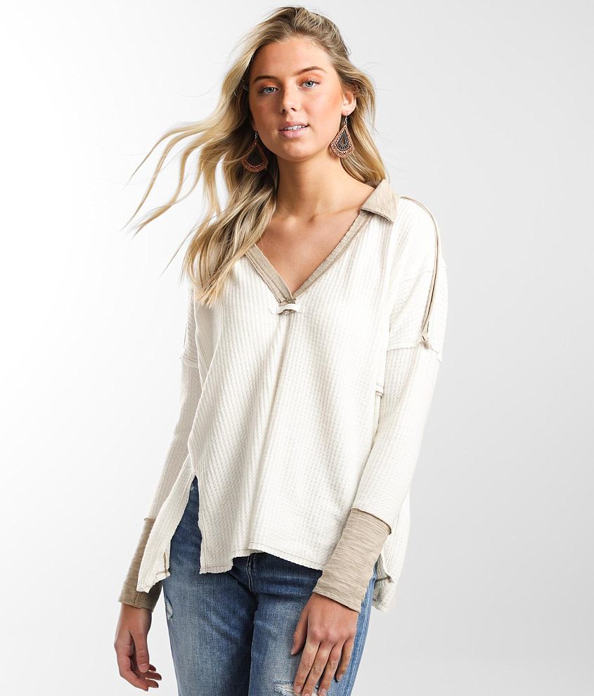 BKE Waffle Knit Collared Top Women's Shirts/Blouses in Cream Brown