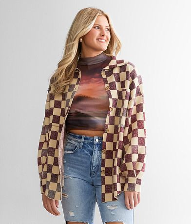 Gilded Intent Checkered Cardigan Sweater front view