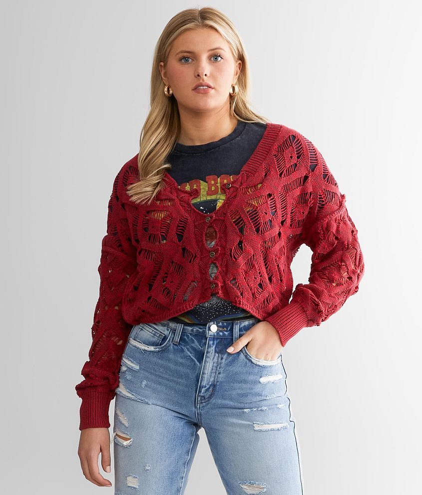 Gilded Intent Pointelle Cardigan Sweater - Women's Sweaters in Red