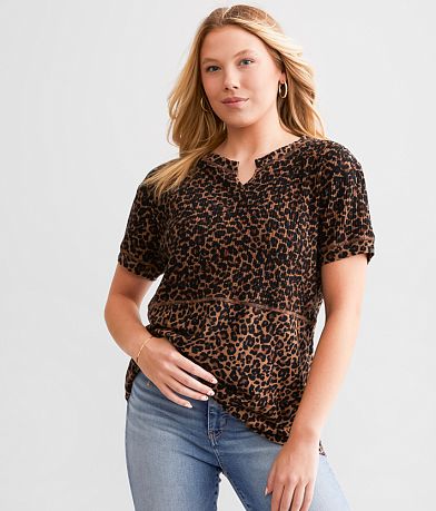 BKE Cheetah Print Pieced Top front view