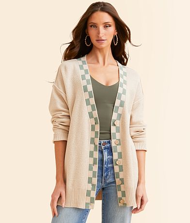 BKE Checker Trim Cardigan Sweater front view
