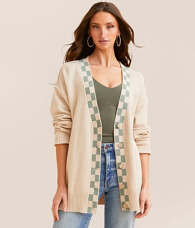BKE Checker Trim Cardigan Sweater front view
