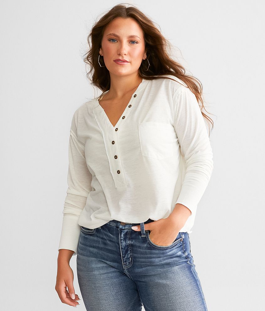 BKE Pieced Raw Edge Henley front view