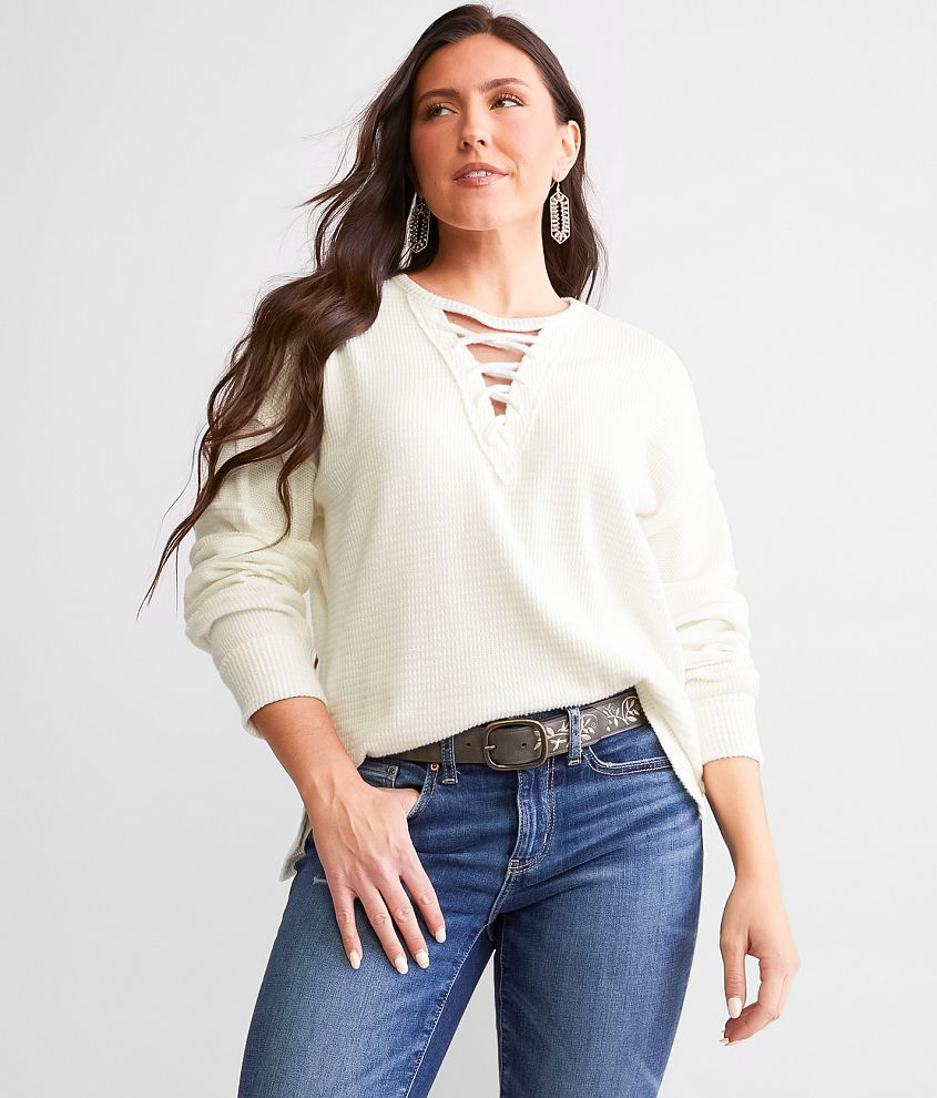 BKE Pieced Waffle Knit Top Women s Shirts/Blouses in Cream Buckle