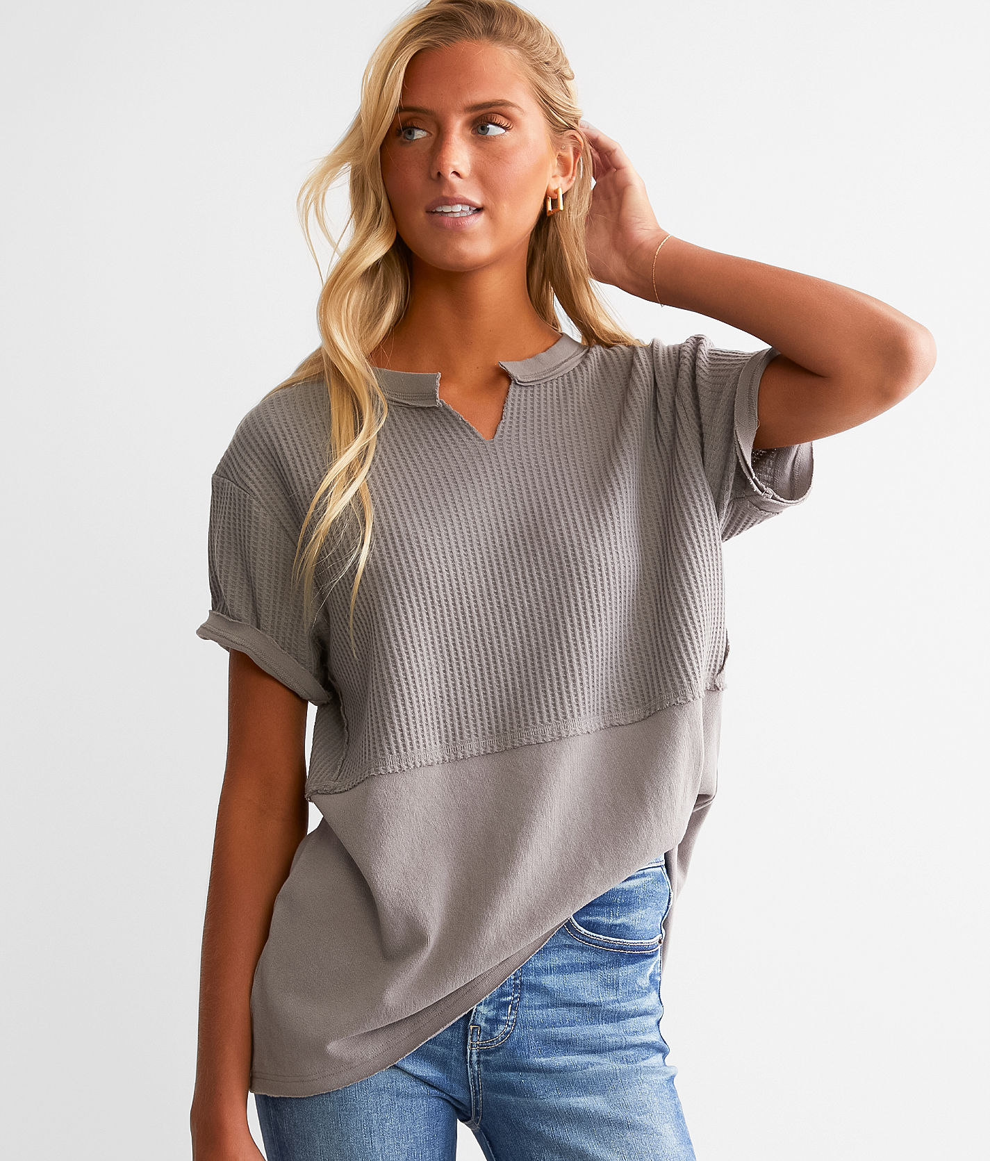Womens Plus Size Waffle Knit Henley Tops Long Sleeve V Neck