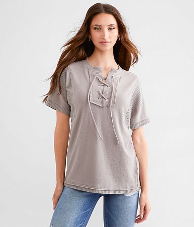 BKE Lace-Up Waffle Knit Top FULL_LEFT_SIDE
