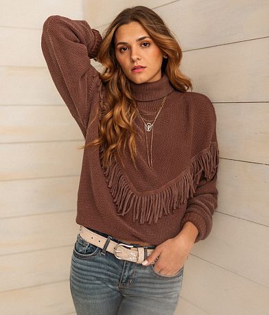 Sterling & Stitch Turtleneck Fringe Sweater front view