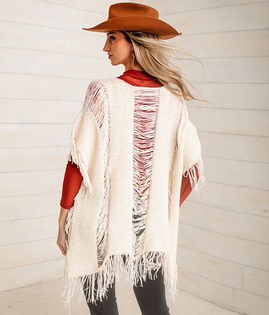 Sterling &amp; Stitch Fringe Poncho Sweater - One Size back view