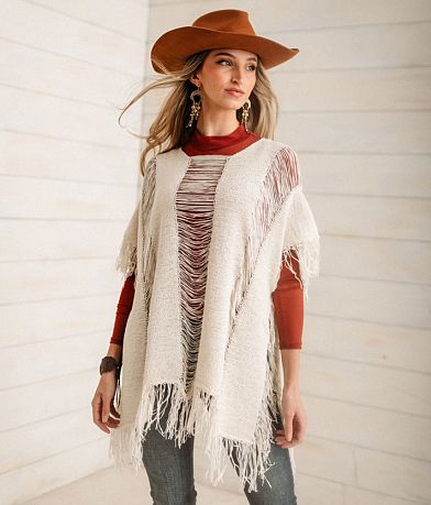 Sterling &amp; Stitch Fringe Poncho Sweater - One Size full right side view