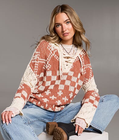 BKE Crochet Jacquard Hooded Sweater front view