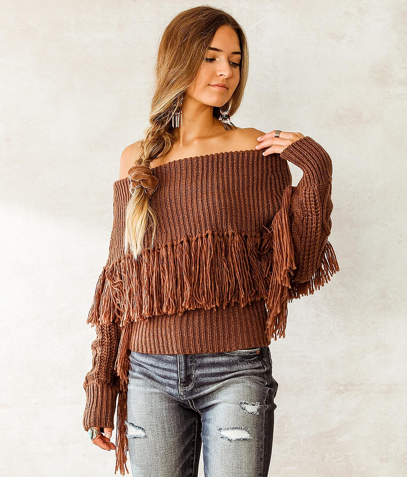 Fringe off 2025 the shoulder sweater