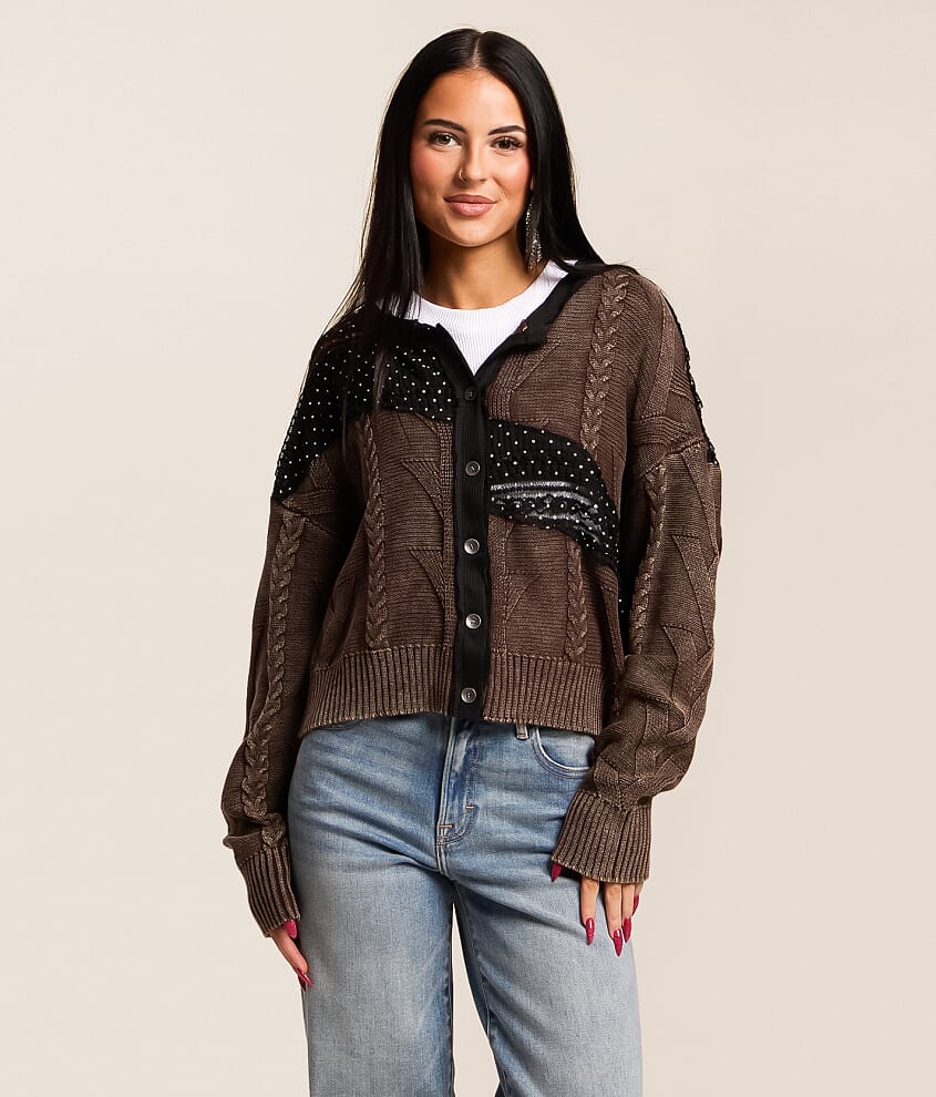 Pieced Polka Dot Lace Cardigan Sweater