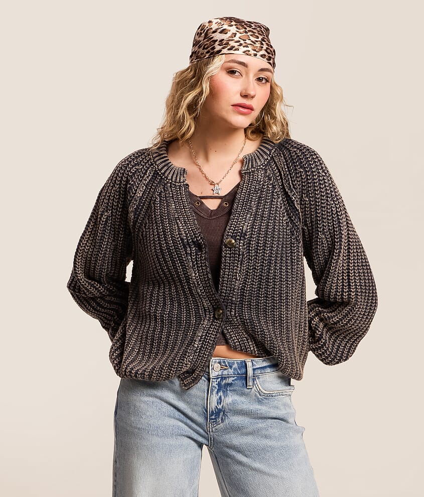 Washed Rib Knit Cardigan Sweater