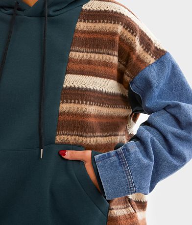 BKE Pieced Denim Hooded Sweatshirt misc detail 1 view