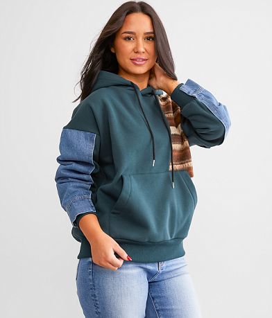 BKE Pieced Denim Hooded Sweatshirt front view