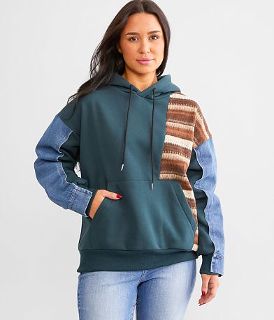 BKE Pieced Denim Hooded Sweatshirt full right side view