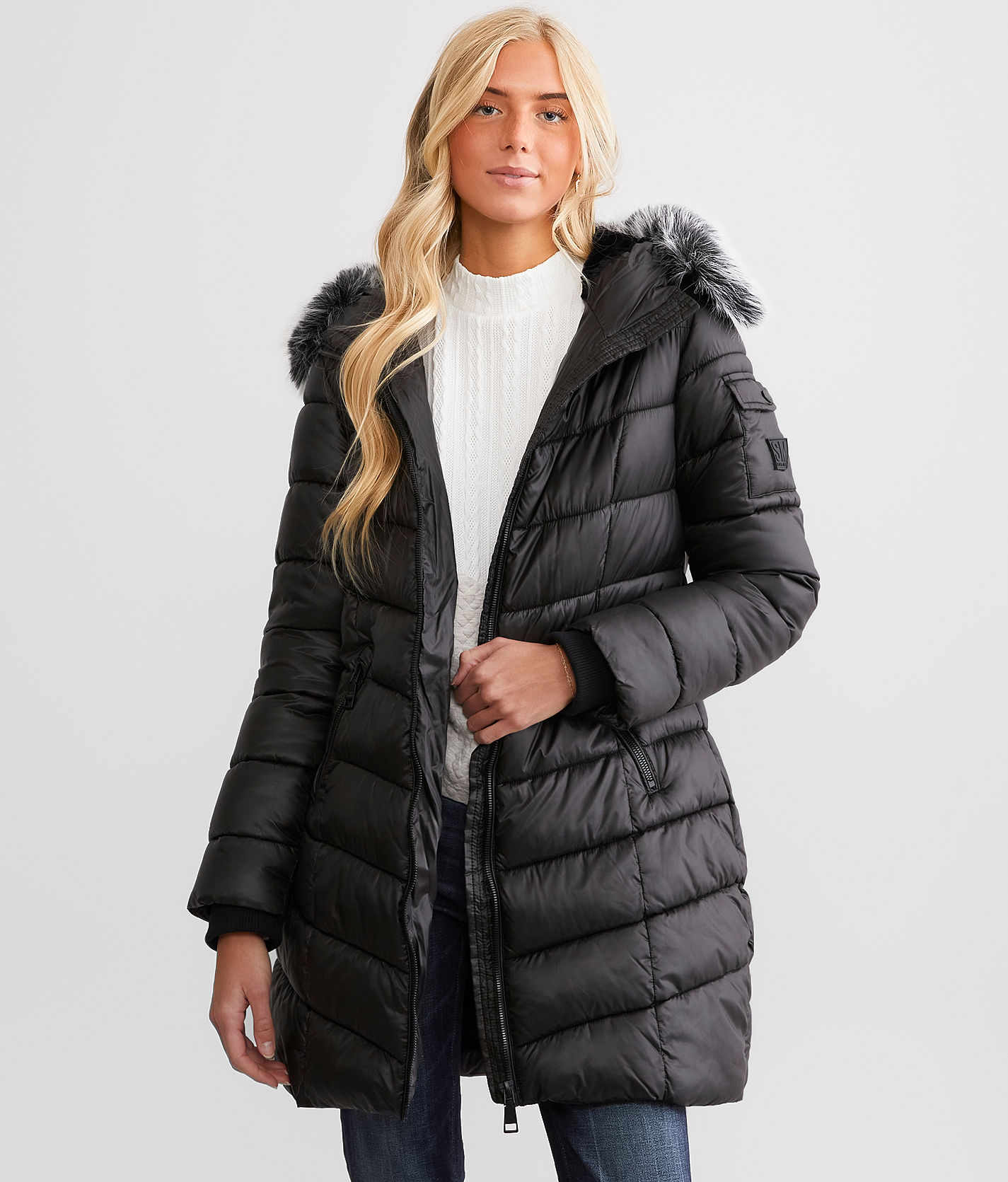 Womens Faux Fur Hooded Jacket With Belt Grey –