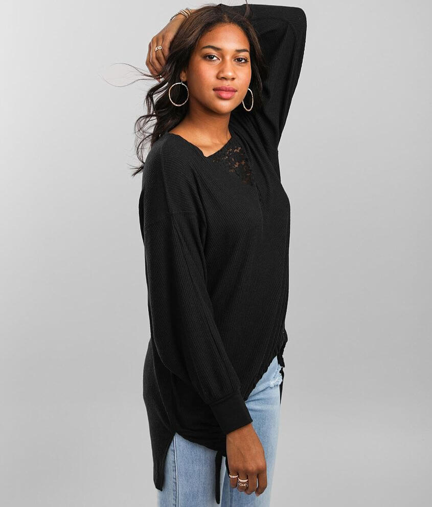 BKE Ribbed Lace Inset V-Neck Oversized Pullover front view