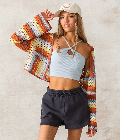 33 Coastal Crochet Cropped Cardigan Sweater front view