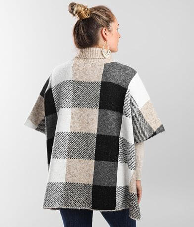 Buckle Black Plaid Poncho Sweater back view