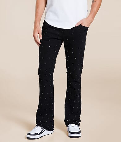 R3bel Denim Rhinestone Stacked Flare Stretch Jean front view