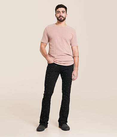 R3bel Denim Rhinestone Stacked Flare Stretch Jean front view