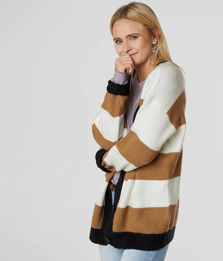 BKE Striped Raw Edge Cardigan Sweater front view
