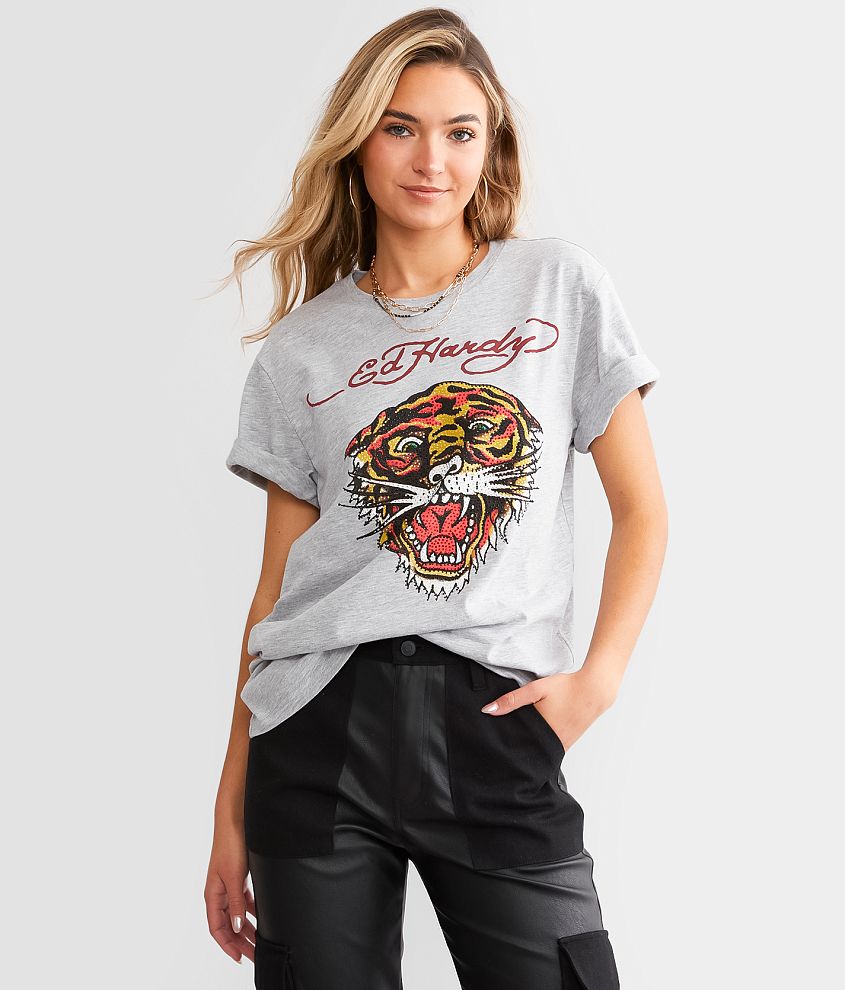 Ed Hardy Rhinestone Tiger T-Shirt - Grey X-Large, Women's