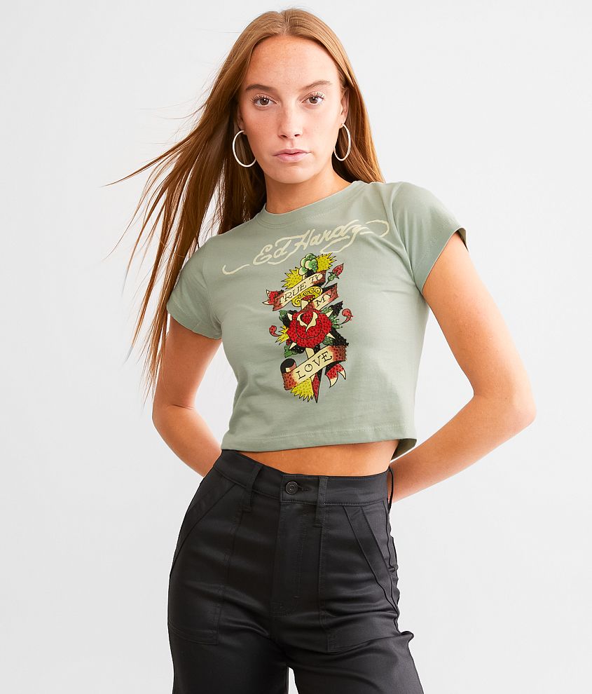 Ed Hardy Dagger Rose Baby Cropped T-Shirt front view