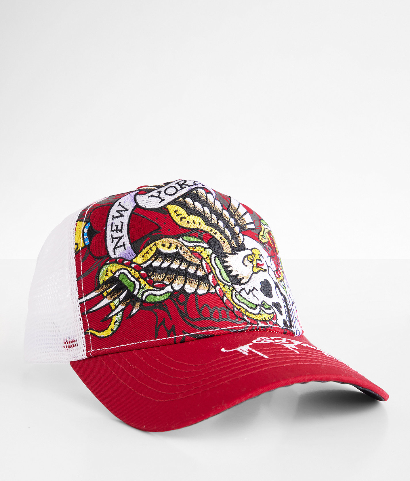 Ed Hardy NYC Eagle Trucker Hat Women S Hats In Cherry White Buckle   4e765134001eab4c7c378a6e6ba85508v3